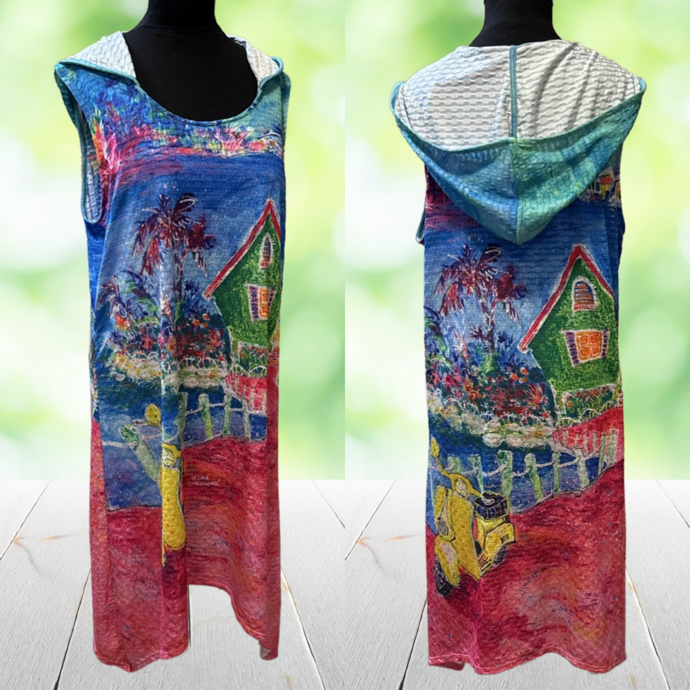 LEOMA LOVEGROVE Hooded Dress Artwear Beach House Print Resort Coverup Size XL